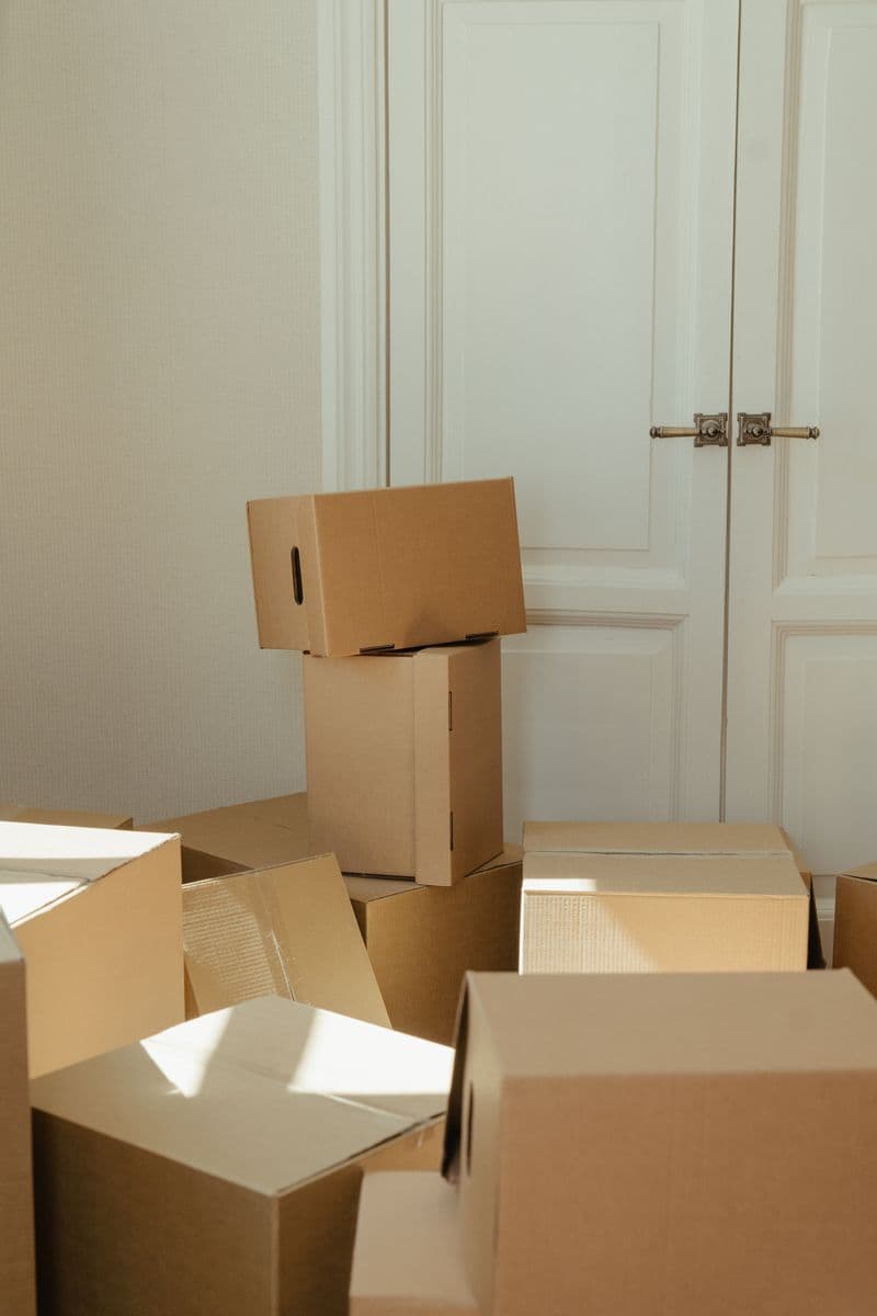 Cartons de déménagement empilés devant une porte blanche à moulures