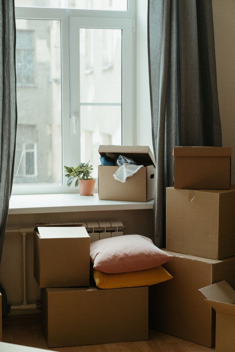 Cartons de déménagement et coussins devant une fenêtre