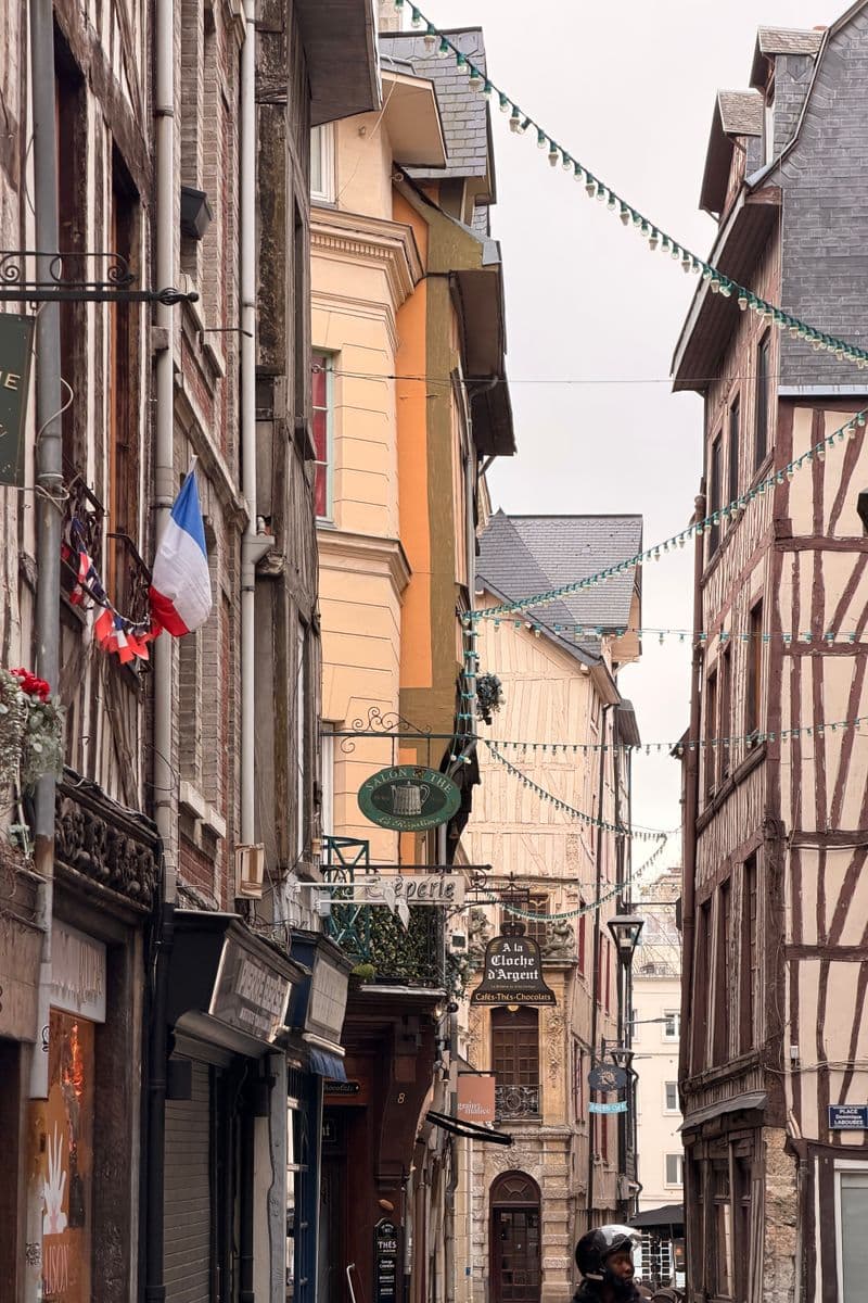 Rue commerçante du centre historique de Rouen avec maisons à pans de bois