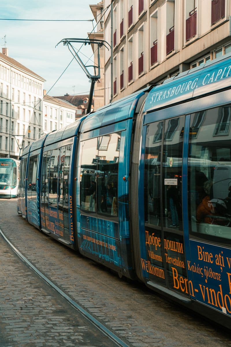 Tramway de Strasbourg sur une rue pavée du centre