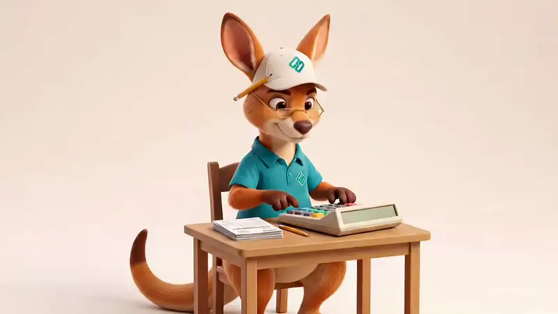Tony, la mascotte kangourou de Moverz, à son bureau avec une calculette et des factures, cherche les économies